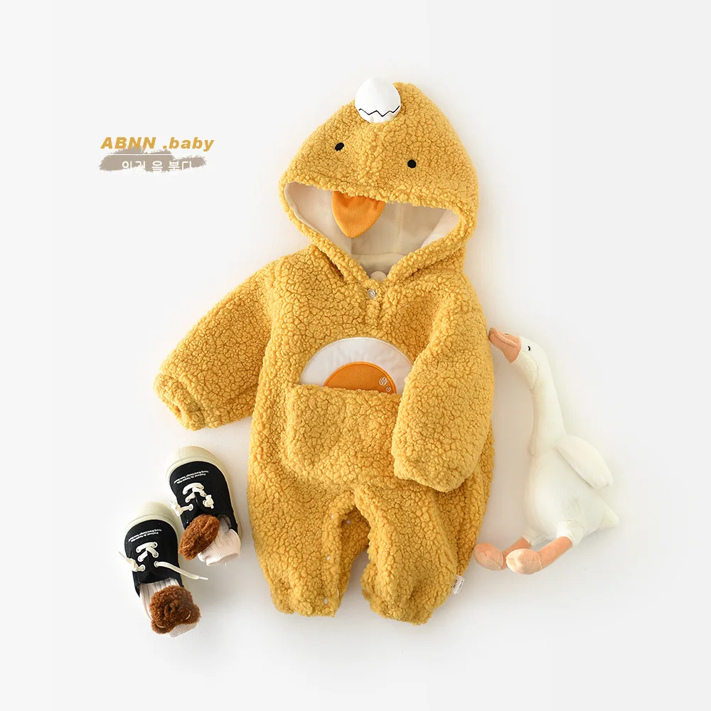 

Korean ins baby winter rompers crawling suit newborn plush yellow duck long sleeved cartoon jumpsuit baby onesies