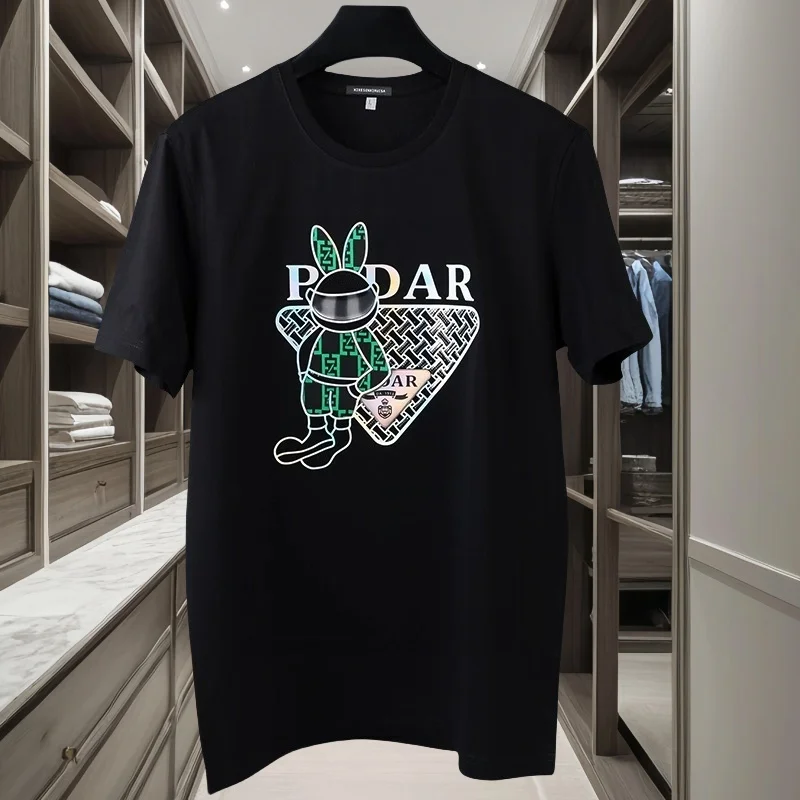 

2025 European Bear Letter Printed Short Sleeve New Light Luxury Casual Cotton Round Neck Hoodie Men's and Women's T-shirt