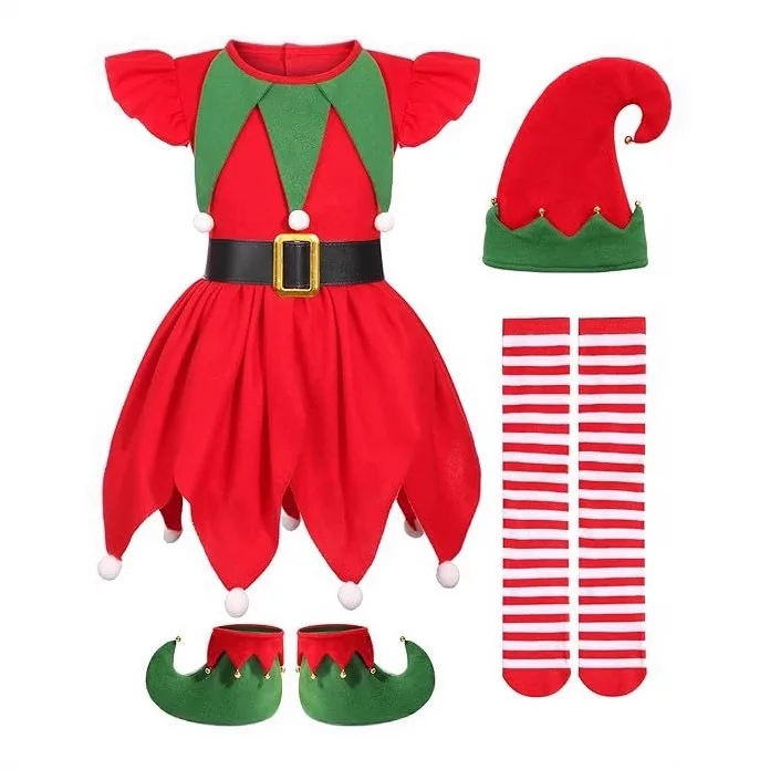 

Girls Christmas Elf Dress Costume Set Elf Cosplay Outfit Velvet Dress Elf Hat Ear Belt Knee Socks for Christmas Party