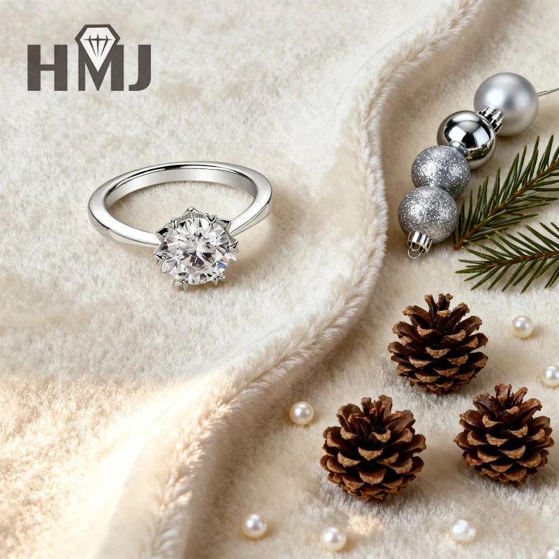 

Кольцо с рисунком снежинки с муассанитом, круглой огранки VVS1, стерлинговое серебро 925 пробы, прямые руки, обручальные украшения, Рождество и Пасха