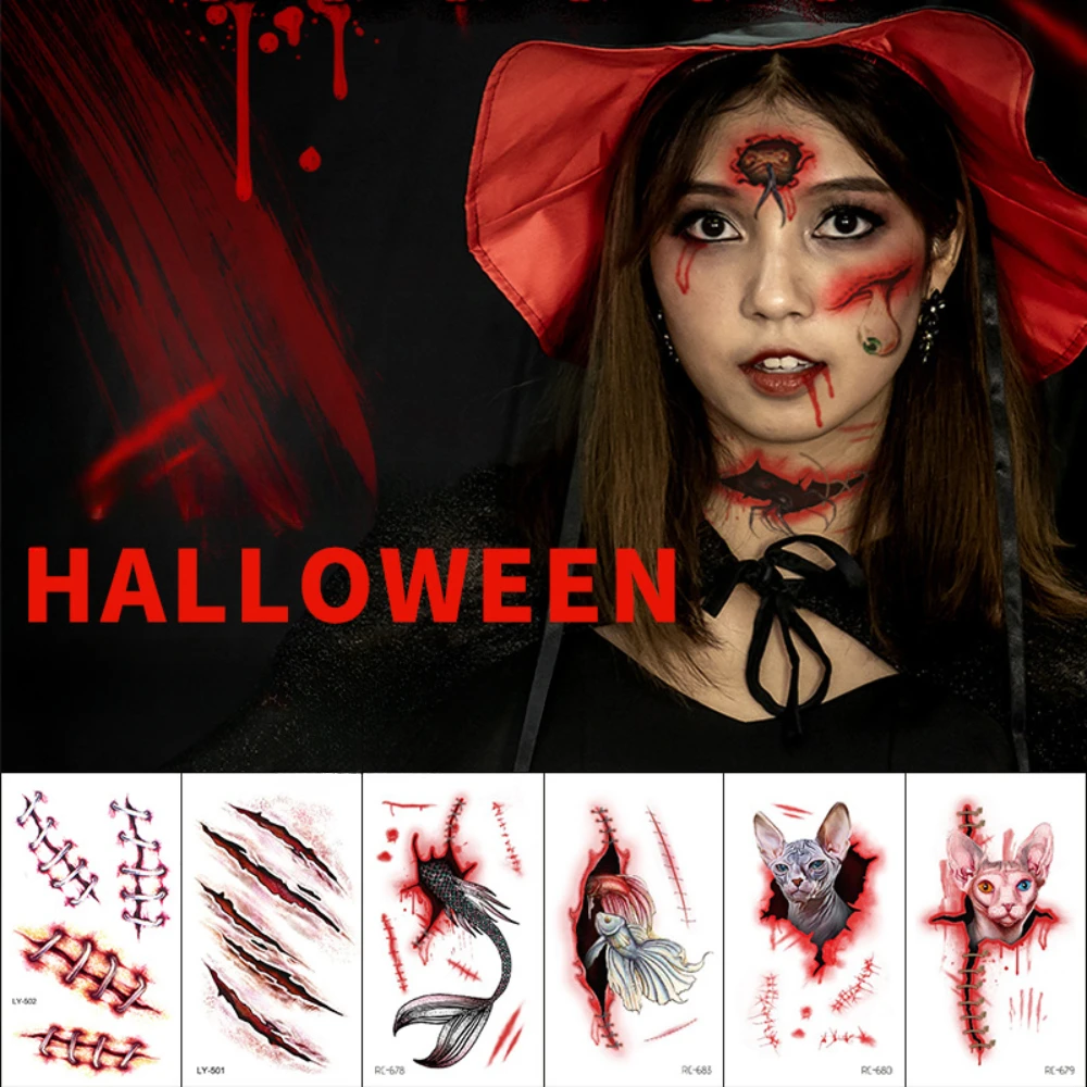 Scars Realistic Blood Stickers Halloween Temporary Tattoo Stickers All Saints' Day Horror Face Make up Sticker  Waterproof Funny