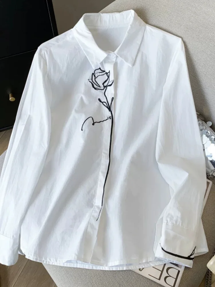 

Белая женская блузка с цветочной вышивкой из чистого хлопка, винтажный дизайн, весенняя, с длинным рукавом, в корейском стиле, элегантная, ретро