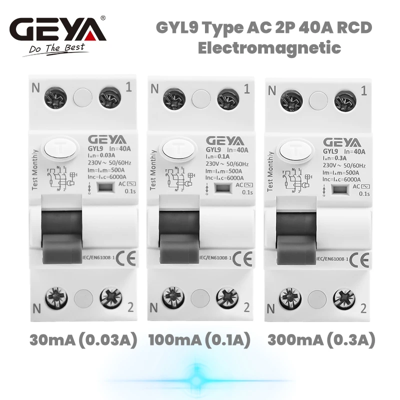 GEYA GYL9 AC Type RCCB Electromagnetic Residual Current Circuit Breaker AC ELCB 2 Pole 25A 40A 63A 100A RCD 30mA 100mA 300mA