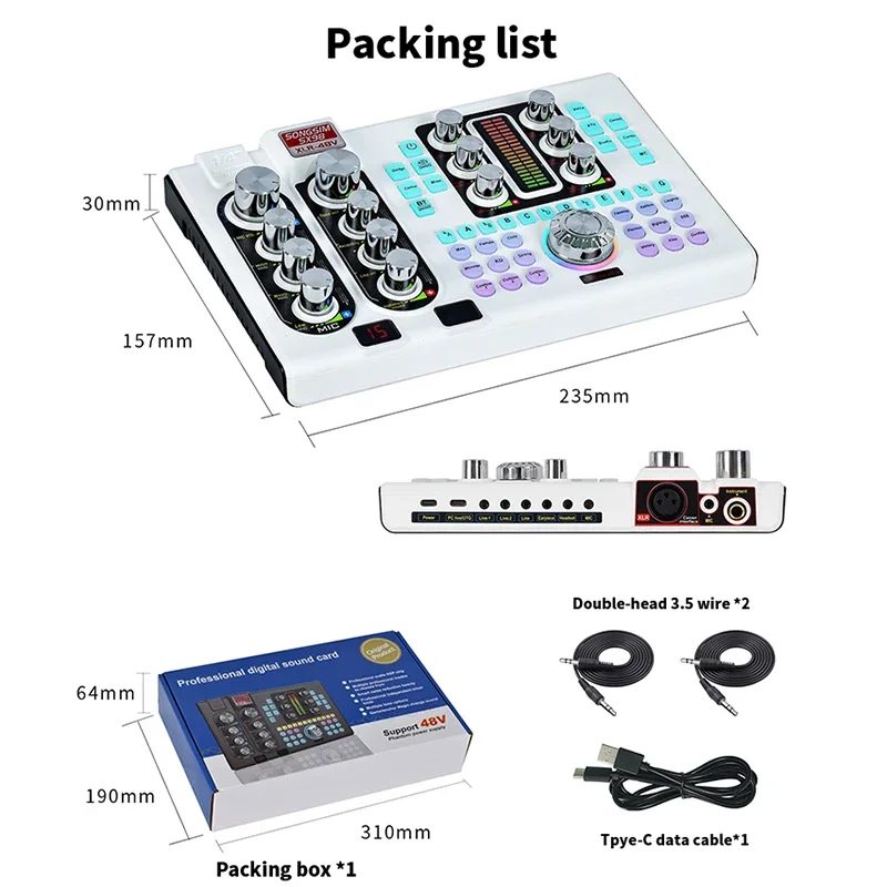 SX98 كارت الصوت النسخة الإنجليزية الأبيض 48 فولت كارت الصوت جهاز الهاتف الكمبيوتر مجموعة K أغنية المهنية كارت الصوت تسجيل الاستوديو