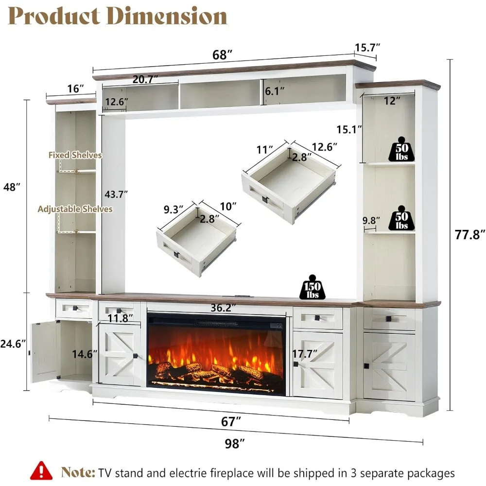 مركز ترفيه على طراز المزرعة مقاس 98 بوصة مع مدفأة وحامل تلفزيون ورف كتب وخزانة مشروبات لأجهزة التلفاز مقاس 75 بوصة