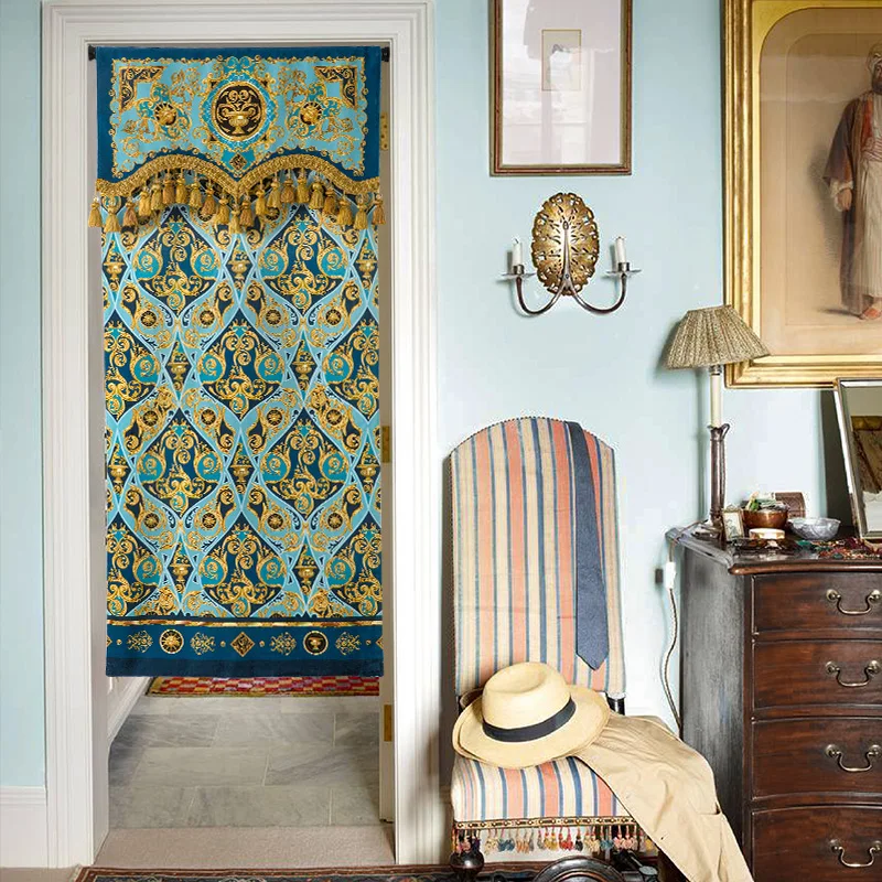 Blue and gold door curtain, partition curtain, bedroom household non-punching kitchen curtain, American light luxury blocking cl
