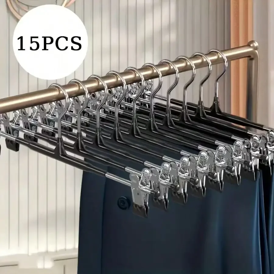 15-Piece Set Of Premium Metal Trouser Hangers With Two Removable Clips; Space-Saving Windproof Hangers