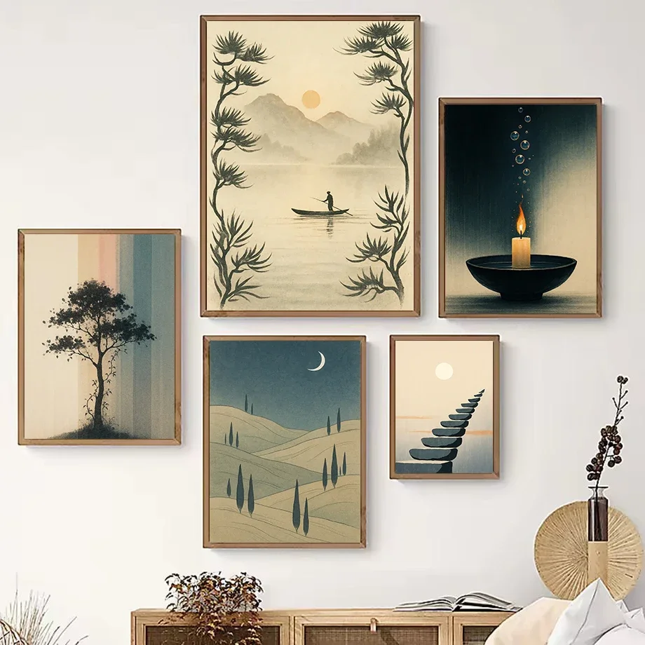 Minimalist Japanese Zen Garden Lantern Silhouette Pine Tree Illustration Poster Canvas Painting Wall Art Pictures Home Decor