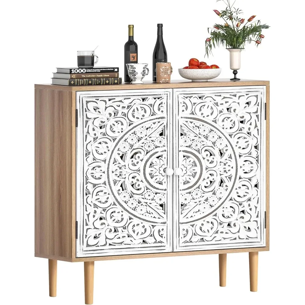 Cabinet with 2Doors,Carved Cabinet Decorative Sideboard Storage Cabinet with Adjustable Shelf,Free-Standing Wood Kitchen Cabinet