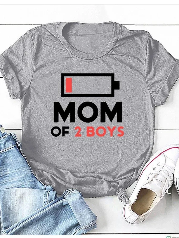 MOM OF BOYS Recharge Print Women T Shirt Short Sleeve O Neck Loose Women Tshirt Ladies Fashion Tee Shirt Tops Camisetas Mujer