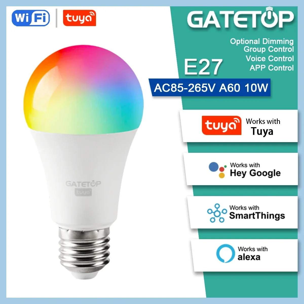 

Bombilla inteligente Tuya Wifi/Bluetooth,Led Alexa RGB，A60 E27 Bulb ,para Google Assisatnt Smart Life Light Dimmable AC85V-265V