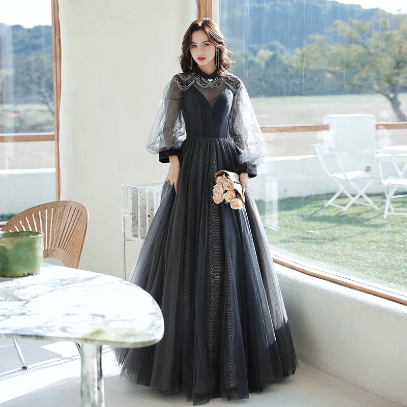 

Black Luxurious Full Sleeves Evening Dress High Neck Pleat Floor Length A-Line Lace Up Plus size Woman Formal Party Gowns XC086