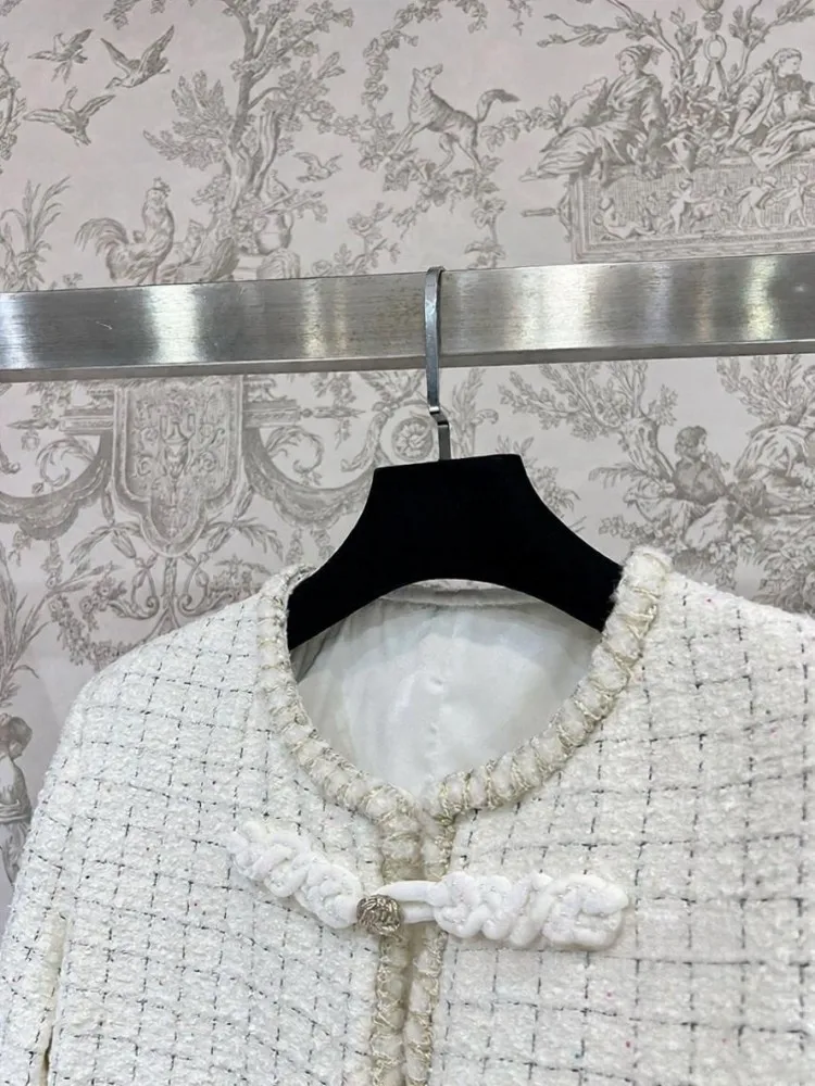 Fashion Women Single Breasted O Neck Plaid Tweed Long Sleeve Short Jacket Designer Autumn Office Lady Coat Elegant Party Jacket