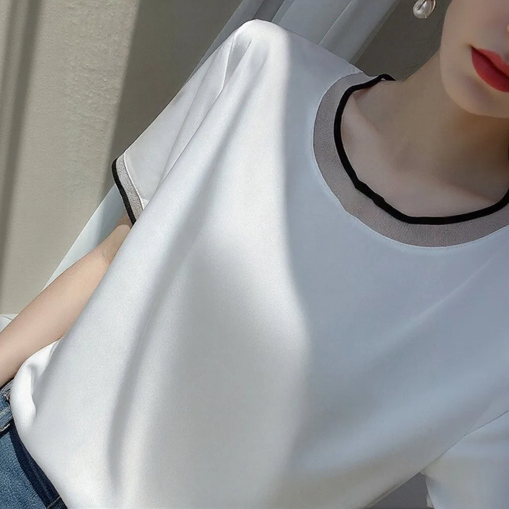 Womens Silk-Like Short Sleeve Round Neck Solid for top Loose for Fit Pullover Blouse for Casual Holiday and Daily Wear