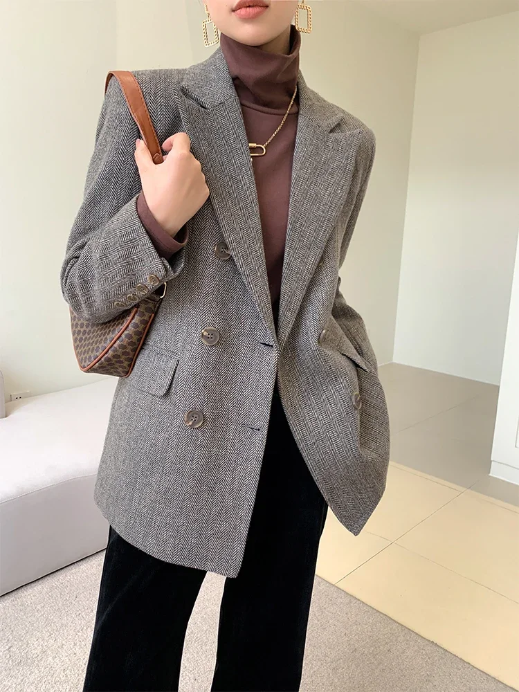 Women's Woolen Suit Jacket 2024 Autumn / Winter Loose Casual Blazer Thickened Quilted Coat Double-breasted Office Lady Suit Top