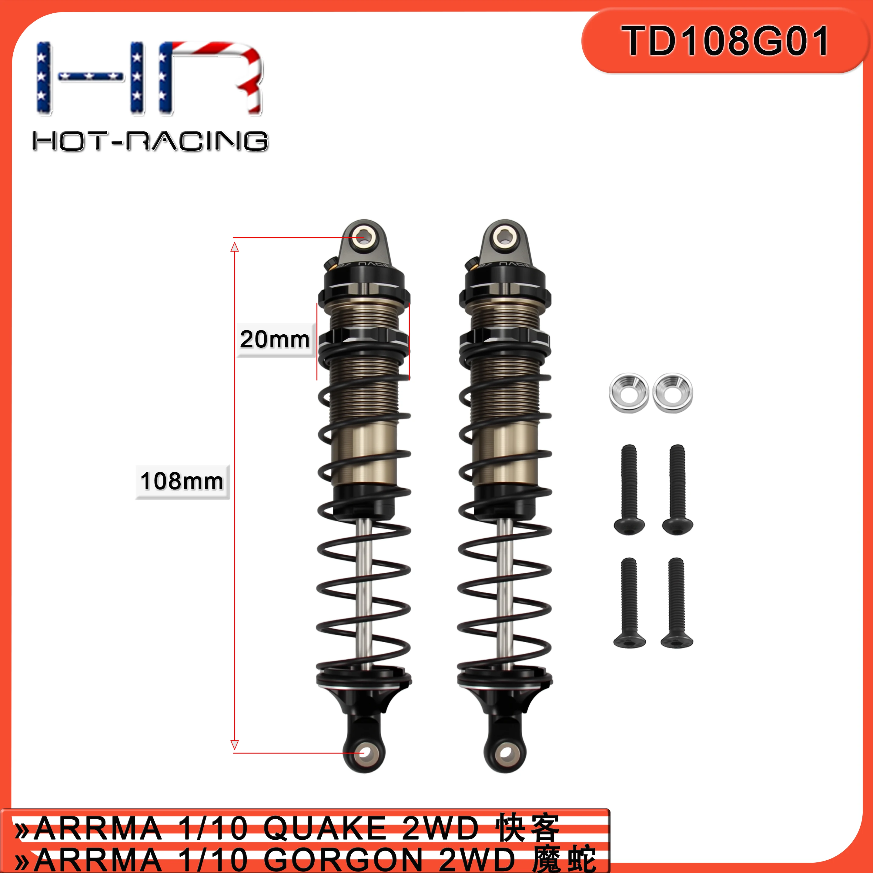 Hot Racing TD108G01 CNC 108-115mm Threaded Aluminum Front Shocks 2pcs for Arrma Gorgon Quake Fury 1/10 2WD Replaces ARA330833