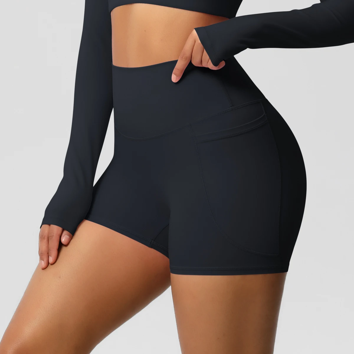 Einfarbige Yogahose mit Taschen, schnell trocknend, hohe Taille, für Fitnessstudio, Push-Up-Yoga-Shorts für Damen, atmungsaktiv, Workout, Fitness, kurz – Detail 12