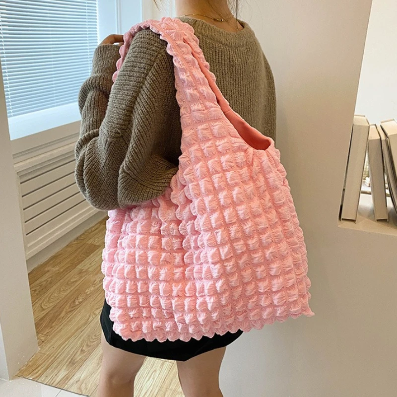 Cream Bubble Puff Large Tote Bag, Soft Pleated Shoulder Handbag, Roomy Casual Bag for Daily Shopping, Gentle Everyday Outfits
