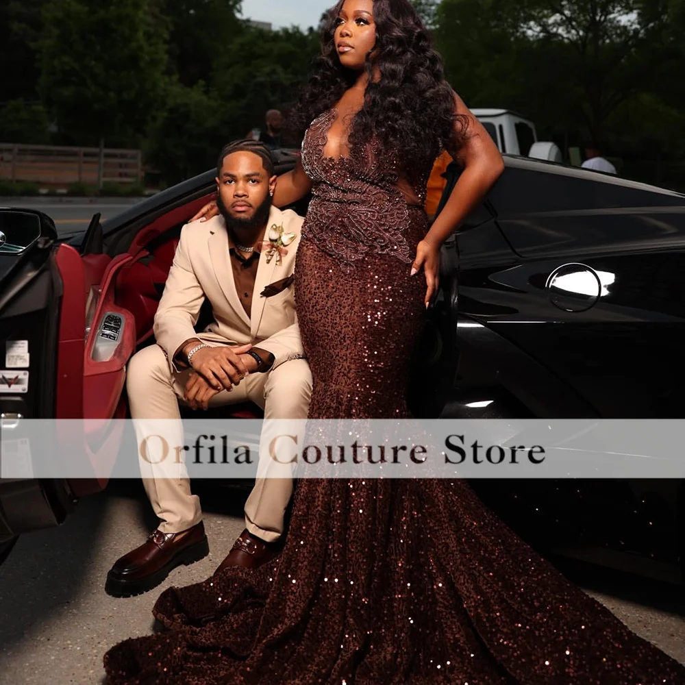 Sequin Brown Prom Dresses Scoop Crystal Mermaid Beading African Evening Gowns Party Gala Gowns Customized
