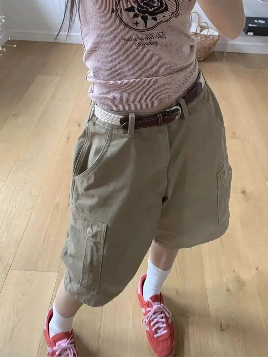 Retro American Khaki Cargo Shorts Women's Spring New Medium Pants Multi-pocket Five-point Pants