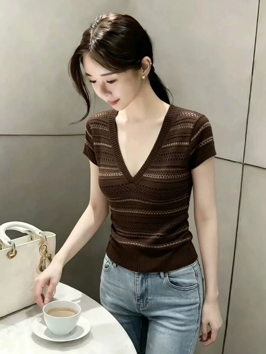 Korean Style Versatile Short Sleeve Knitted Base Shirt Deep V Neck Design Beautiful Coffee Stripes Lazy Atmosphere Women's Top