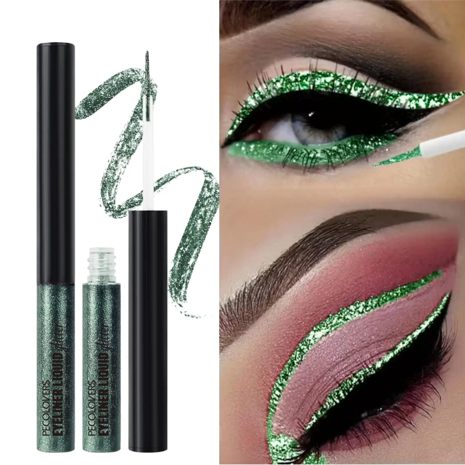 1 Stück schimmernder flüssiger Eyeliner und Lidschatten, grüner glänzender Eyeliner-Stift und Glitzer-Lidschatten-Stift – perfekt für Party, Bühne, Alltags-Look