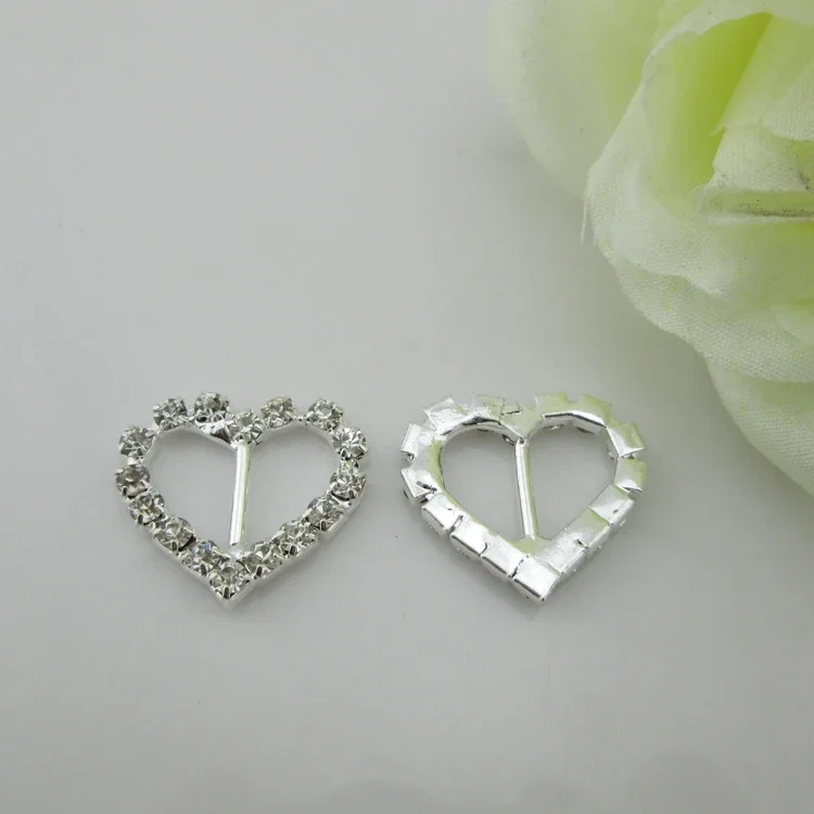 10pcs Heart Crystal Diamante Ribbon Slider Rhinestone Buckles 10mm