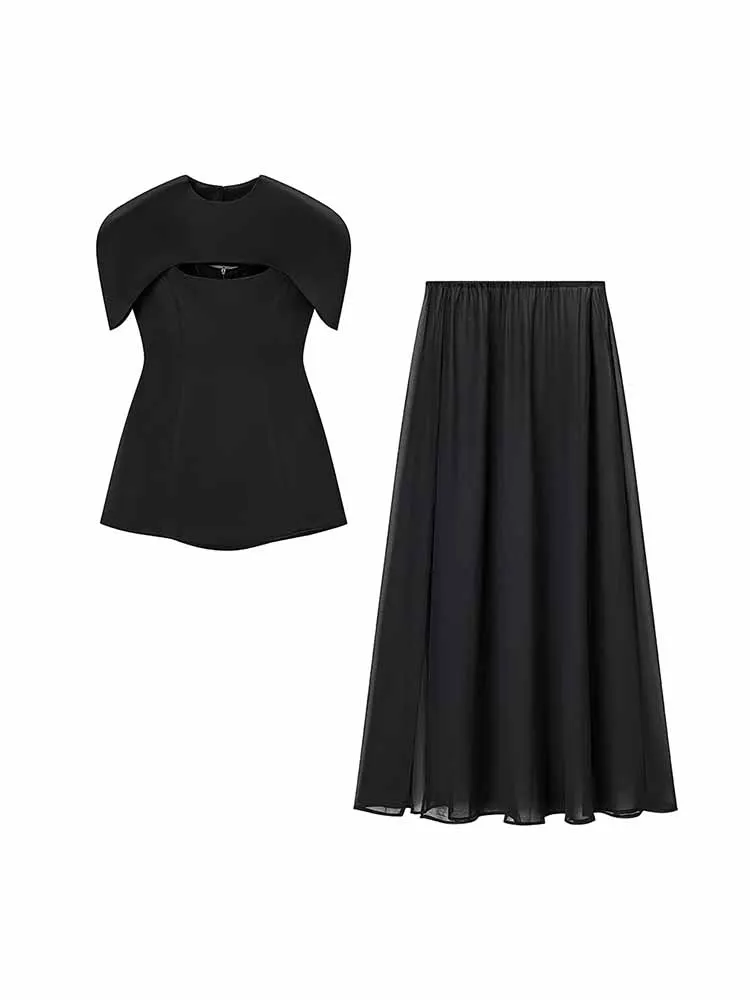 여성 봄 패션 다용도 민소매 단색 캐미솔 탑+ 엘라스틱 미디 스커트 여성 캐주얼 드레스 3피스 세트