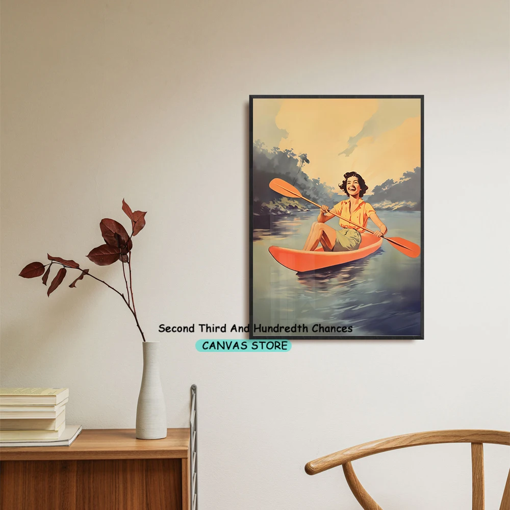 Sporty Wall Art Vintage Outdoor Sport Kayaking Poster Canvas Prints Lake House Art Yoga Girl Housewife Home Room Aesthetic Decor