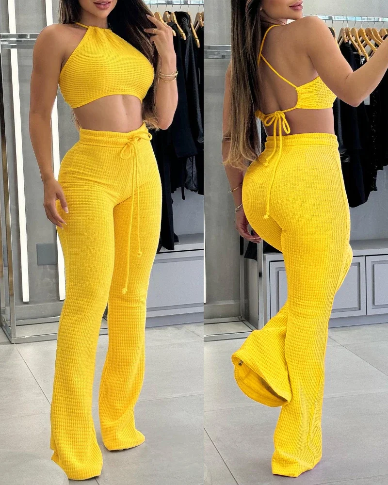 

Two Peice Set for Women Outfit Waffle Solid Color Strap Sleeveless Crop Tank Top Tight High Waist Drawstring Flare Pants Set