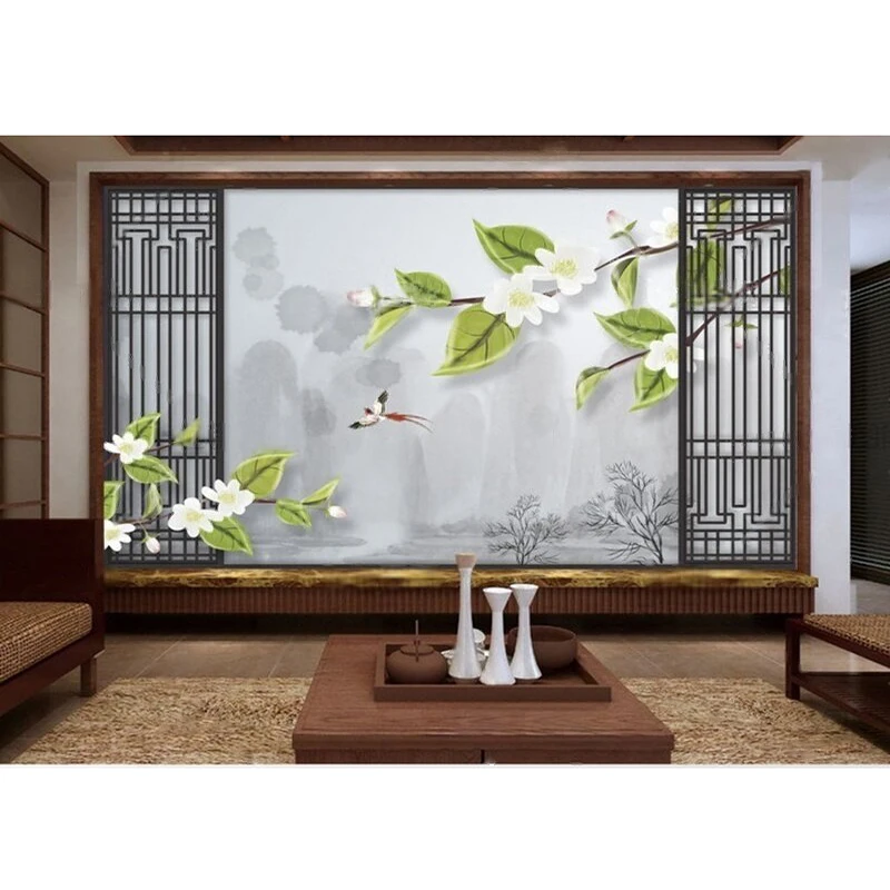 Chinese Minimalist Ink-Wash Landscape With Green Leaves And Flowers Vintage Screen Classroom Wall Decoration Background Wall