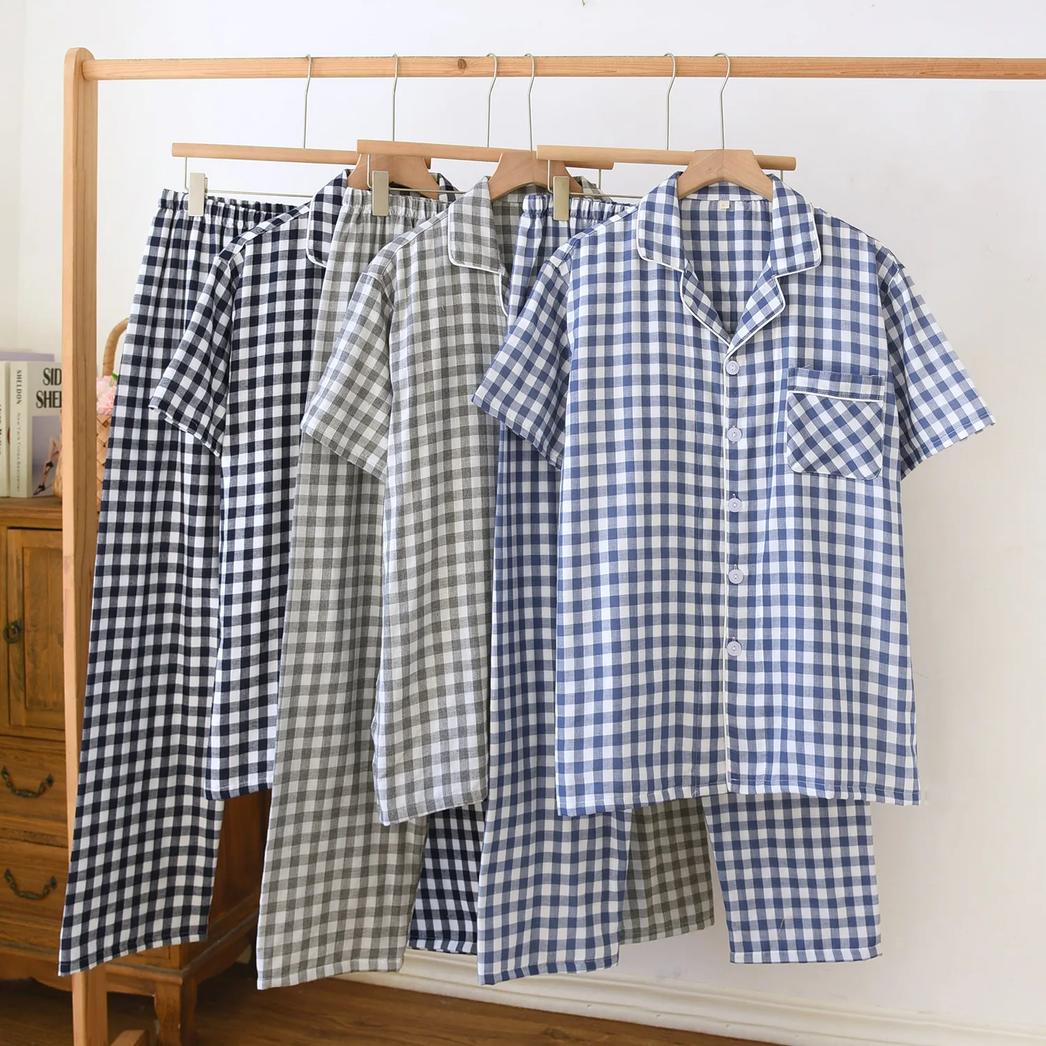 High Quality Men Sleepwear Clothes Short Sleeved Long Pants Cotton Double-layer Crepe Summer Thin Plaid Pijama Masculino