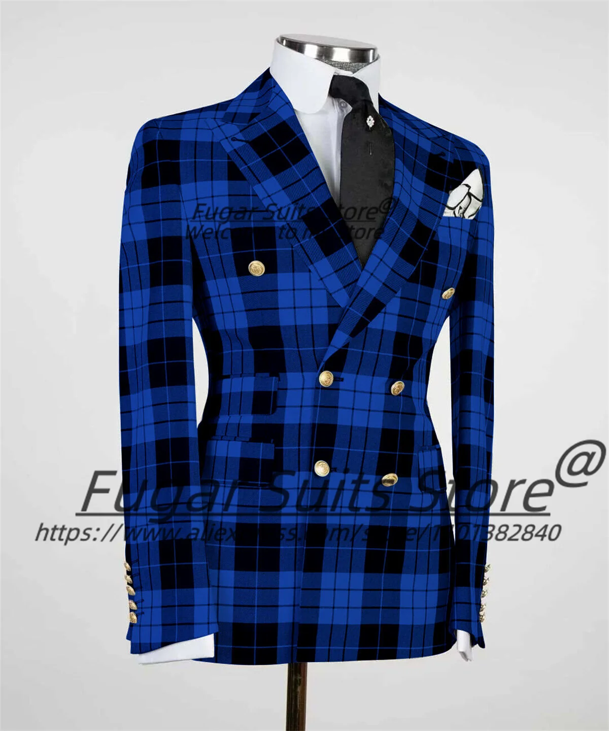 Luxuly Blue Plaid Men Suits Double Breasted Peak Lapel Groom Formal Tuxedos 2 Pieces Sets Casual Male Blazers trajes para hombre