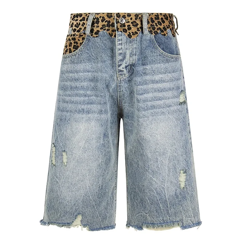 Men Vintage Denim shorts Leopard Patchwork Ripped Summer Casual Loose Unisex