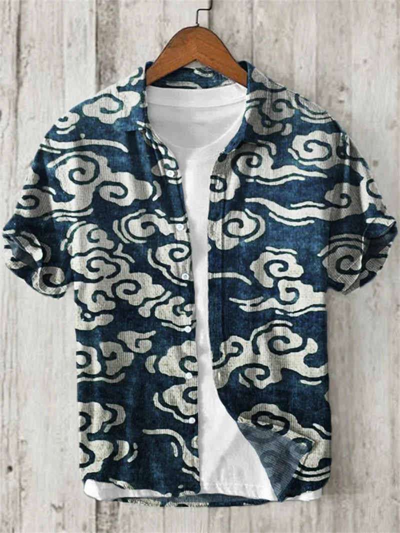 Men's Shirt Linen V-Neck Men's Casual Short-Sleeved Shirt Fashionable New Street Outdoor Retro Landscape Ink Wash Shirt