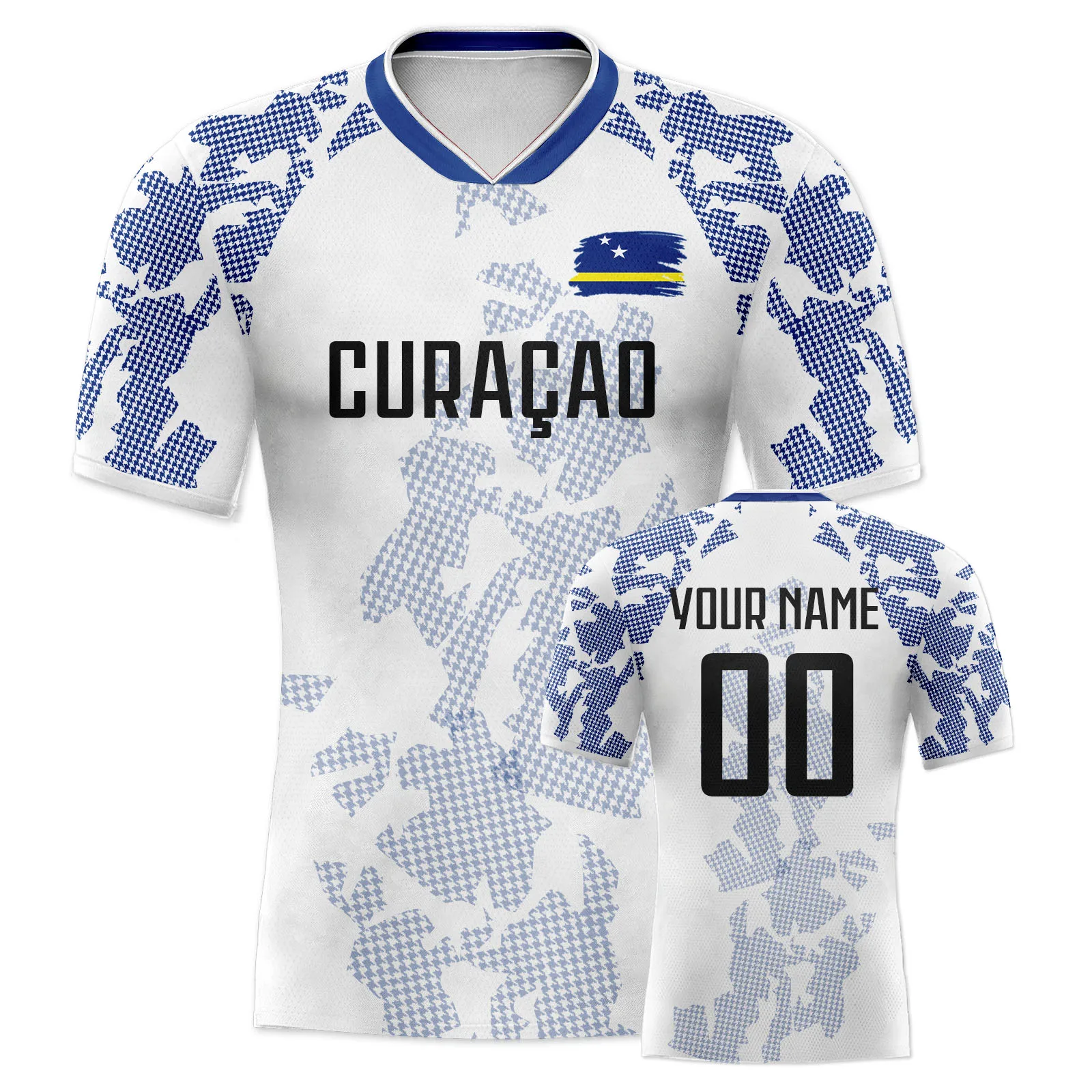Op maat gemaakt Curaçao voetbaltenue, gepersonaliseerd met naam en nummer, ademend voetbalteamshirt met V-hals voor heren, jeugd en dames