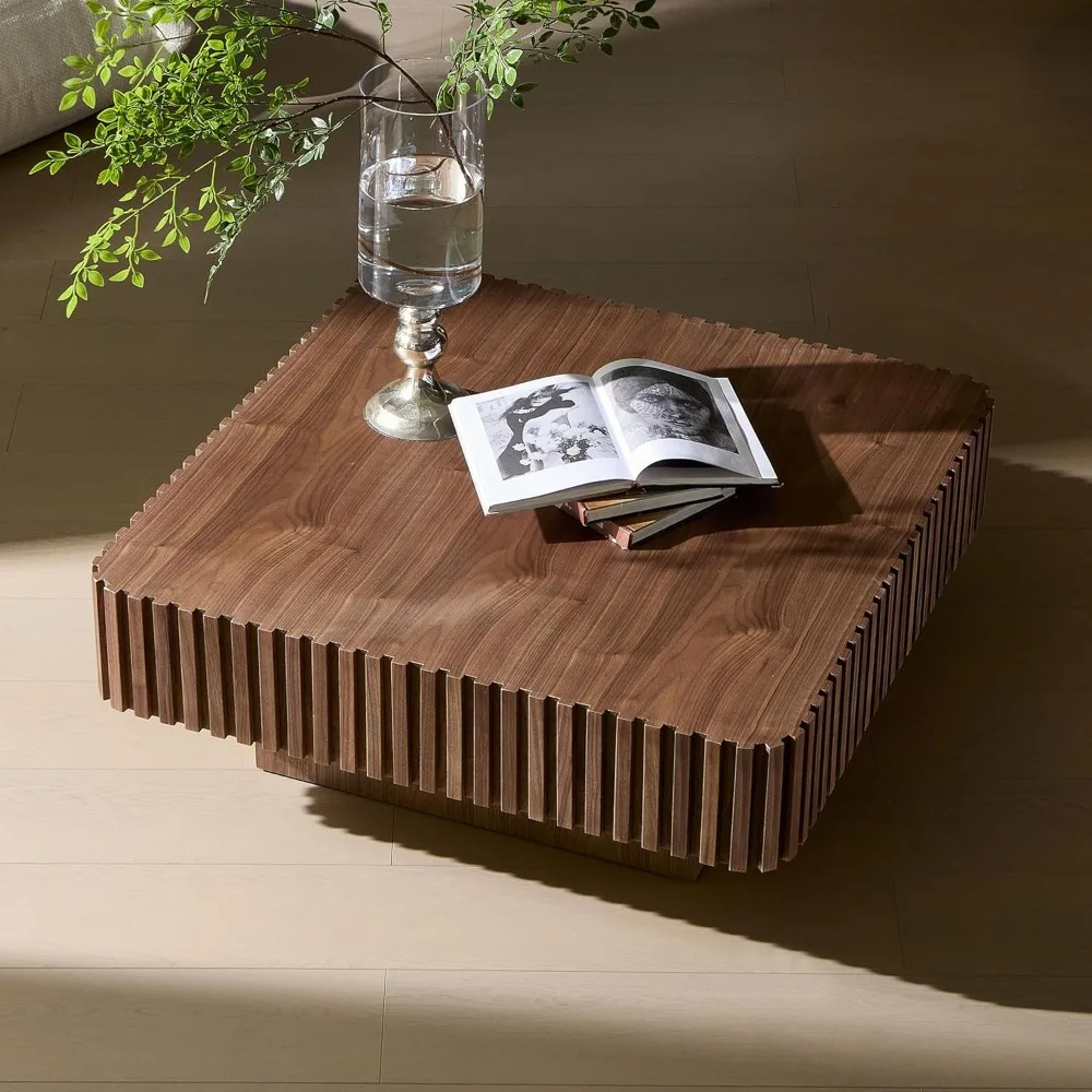 35-inch Mid-Century Modern Drum Coffee Table, Handcrafted Round Walnut Wood Center Table for Living Room and Home Office