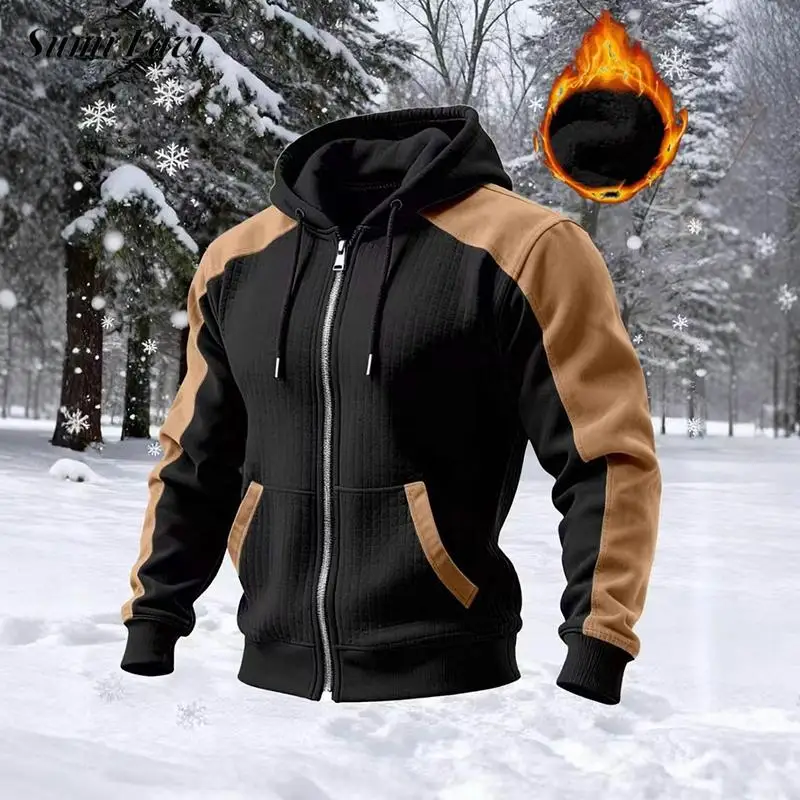 

Casual Mens Fleece Lined Outerwear Fall Winter Daily Leisure Zipper Lace-up Hooded Coat Men Clothing Stylish Patchwork Jacket