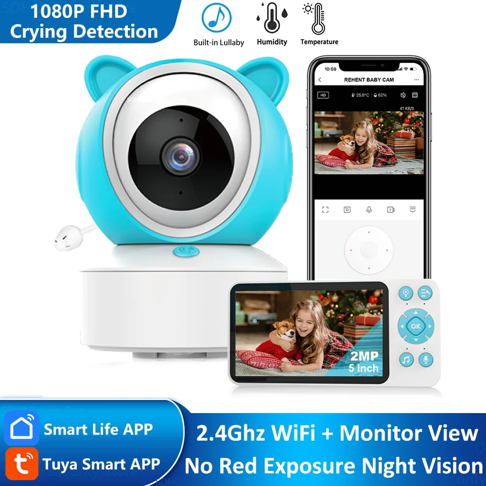 

5" Tuya Smart WiFi Feeding Reminder Temperature Motion Sound Detection APP View Control Audio Video Baby Monitors Camera 1080P