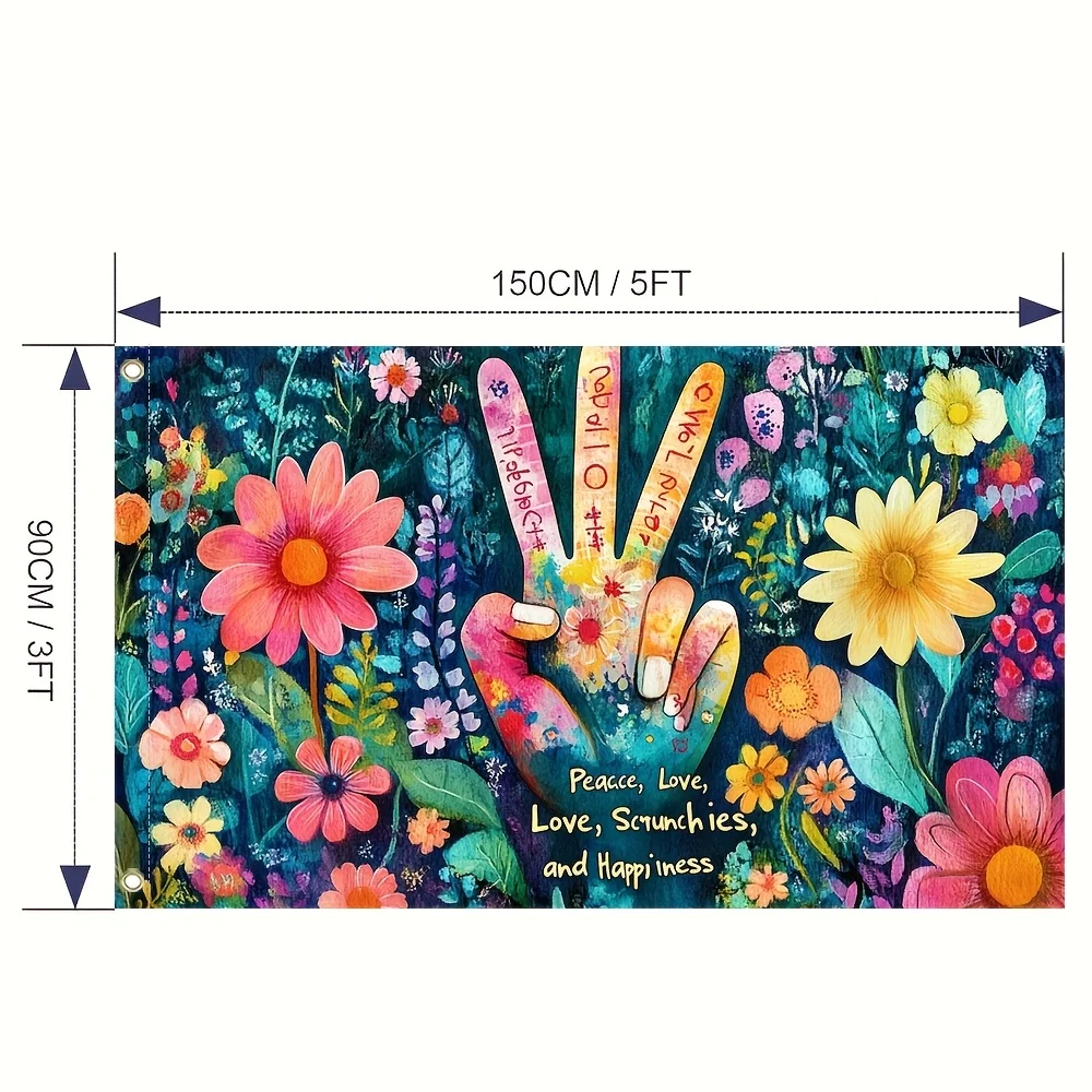 Vibrant Floral Prayer Flag Polyester Indoor Outdoor Decoration for Living Room Lawn Terrace Peace Love Smiles Happiness Design