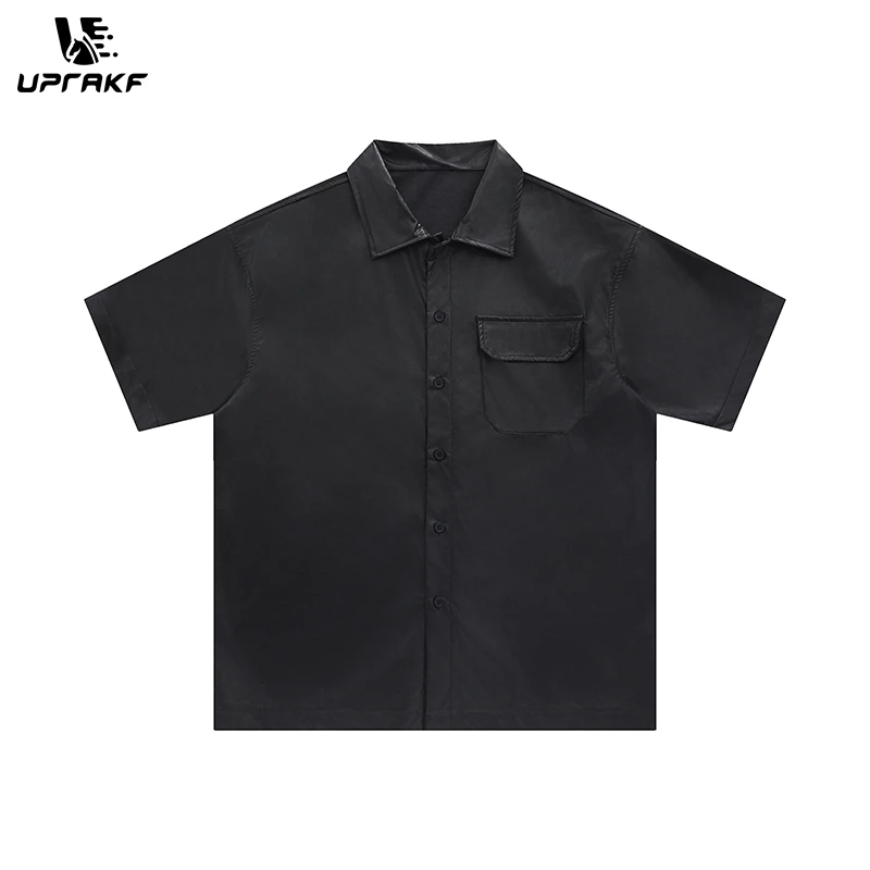 UPRAKF Front Pocket Design Shirts Oversize Button PU Tops Casual Summer Outwear Short Sleeve Solid Color