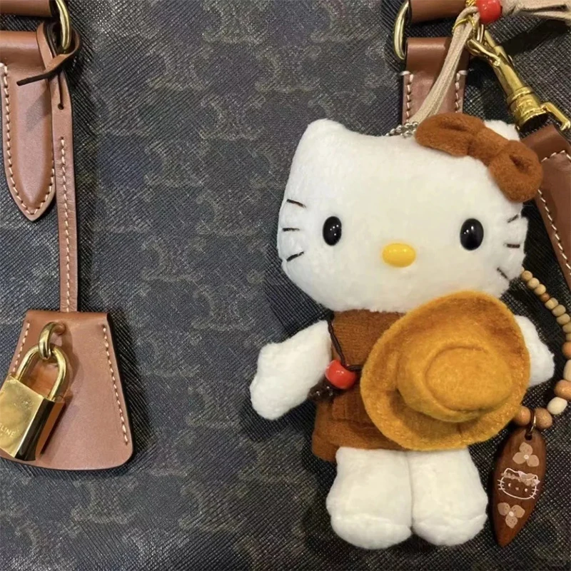 Kawaii 헬로 키티 서양 카우보이 블랙 가죽 플러시 키 체인 귀여운 만화 가방 매력 배낭 장식 패션 액세서리 소녀 선물