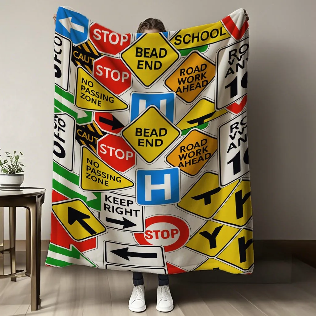 1pc Road Traffic Warning Pattern Modern Graphic Printed Fleece Blanket, Soft, Warm, All-Season Use - Perfect Gift for Birthdays