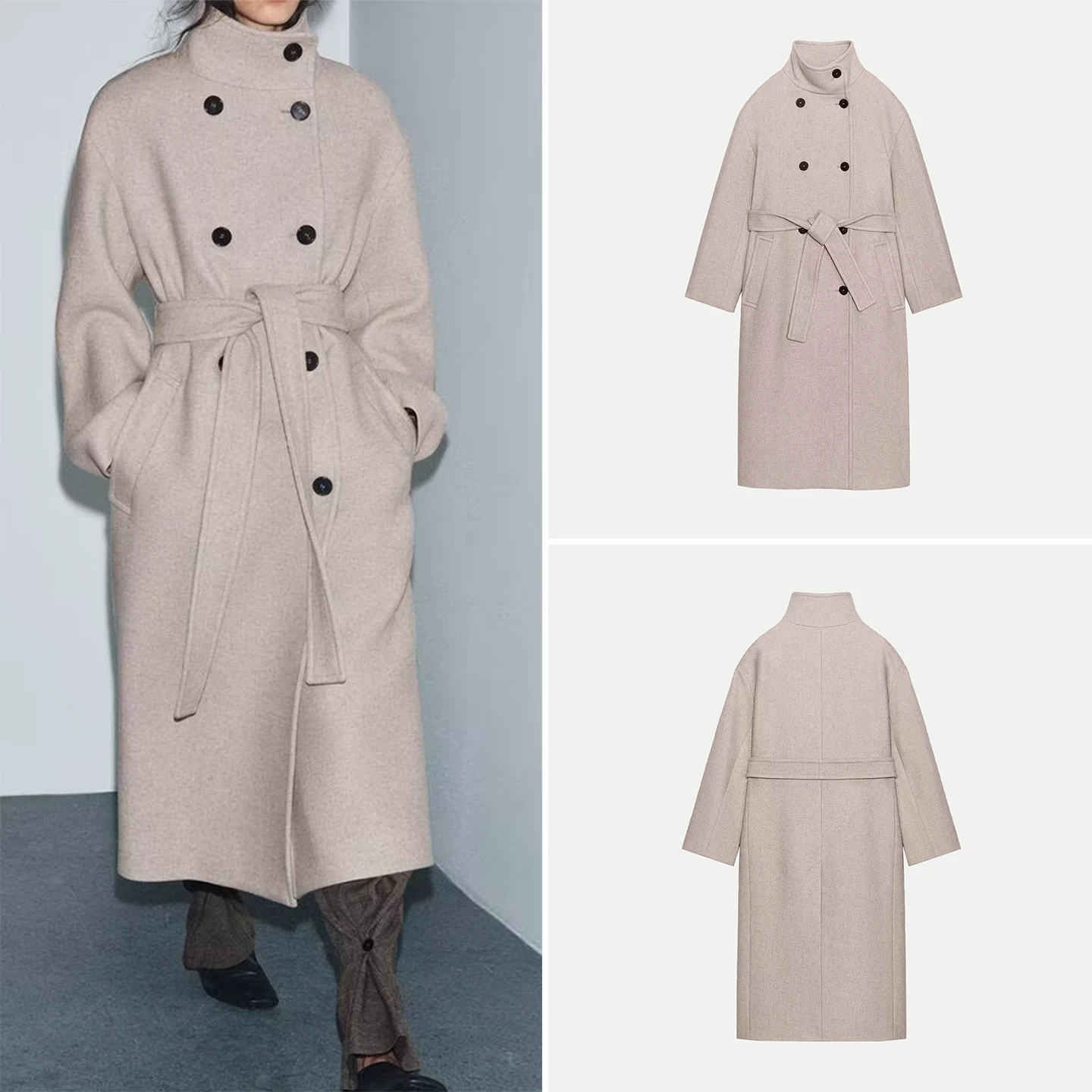 

Z женское модное свободное пальто с высоким воротником, осень 2022, длинная двубортная шерстяная верхняя одежда све