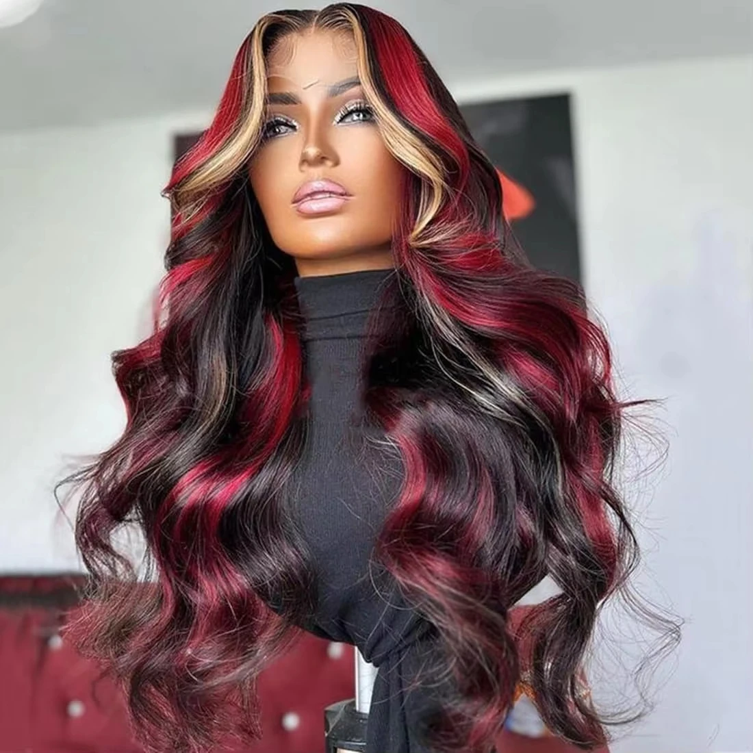 

Wear & Go 1B/99J/27 black hair with red blonde Highlight 5x5 Hd Lace Closure Body Wave Wig Human Hair Brazilian Glueless Wig