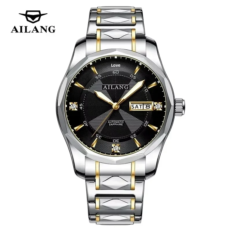 AILANG-8612 Men's Automatic Mechanical Watch Dual Calendar Diamond Dial Two-tone Stainless Steel Band Business Wristwatch