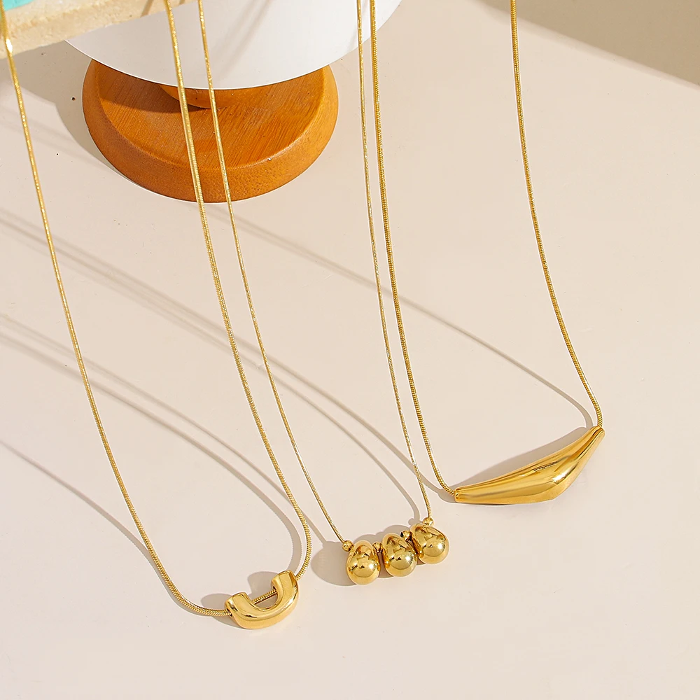 Greatera Three Elliptical Bead Stainless Steel Pendant Necklace Triangular Arc Tube Design Women's Delicacy Jewelry Party Summer