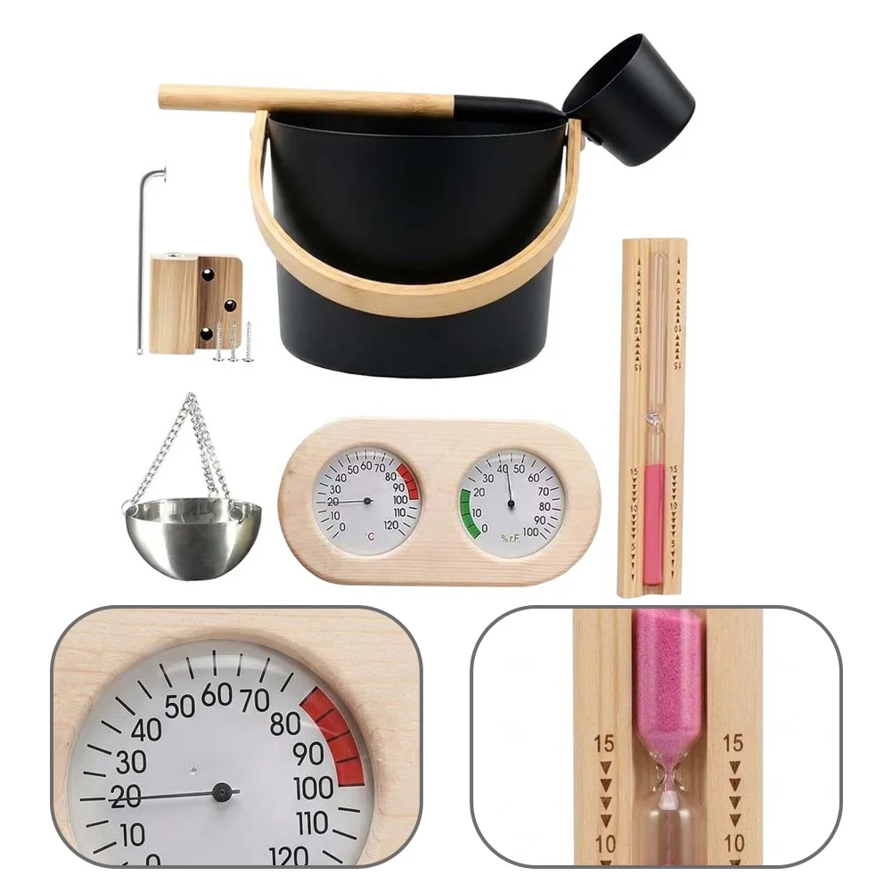 Handmade Canadian Red Cedar Sauna Accessories Kit With Bucket Ladle Thermometer Hygrometer Timer Aromatherapy Cup For Spa