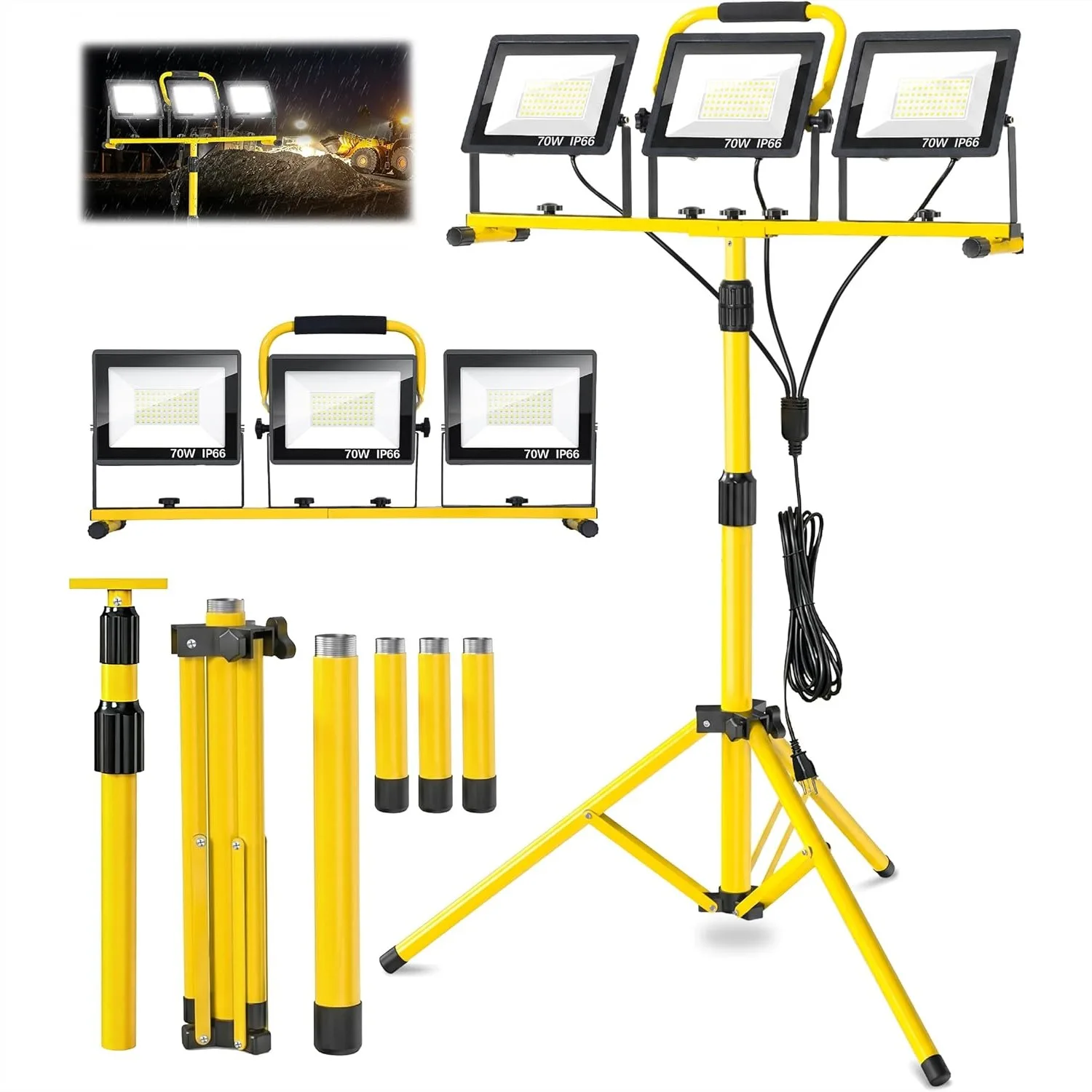 

LED Work Light with Stand, 3-Head Adjustable Portable Tripod Light, 216 LEDs 21000 LM, IP66 Waterproof, 16.4FT Cord for Garage