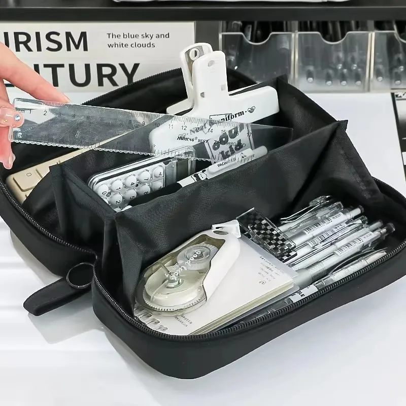 Large Capacity Pencil Case 180 ° Large Opening Double Zipper Transparent Front Mirror Multi-layer Stationery Box Storage Bag